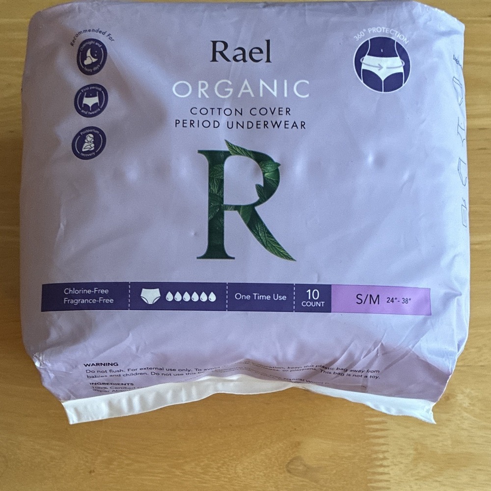 Rael Organic Cotton Cover Menstrual Underwear S/M 24-38" Chlorine-Free 10 Count